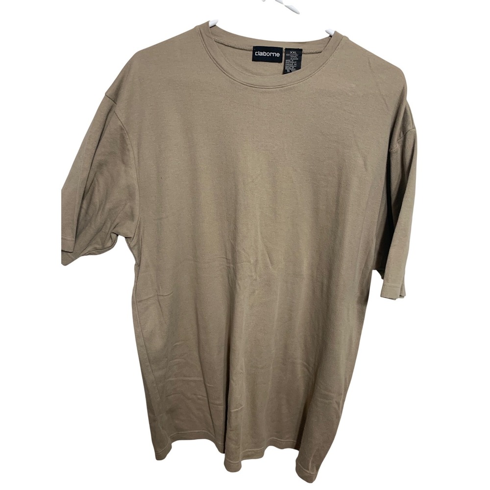 Claiborne Mens XXL T-Shirt Tan Khaki Ribbed 100% Cotton Short Sleeve Crew Neck